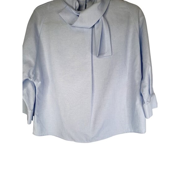 2/$30 Zara Basic Blue Blouse XS Long Sleeve Button Cuff Bow Tie Neck - Picture 8 of 14